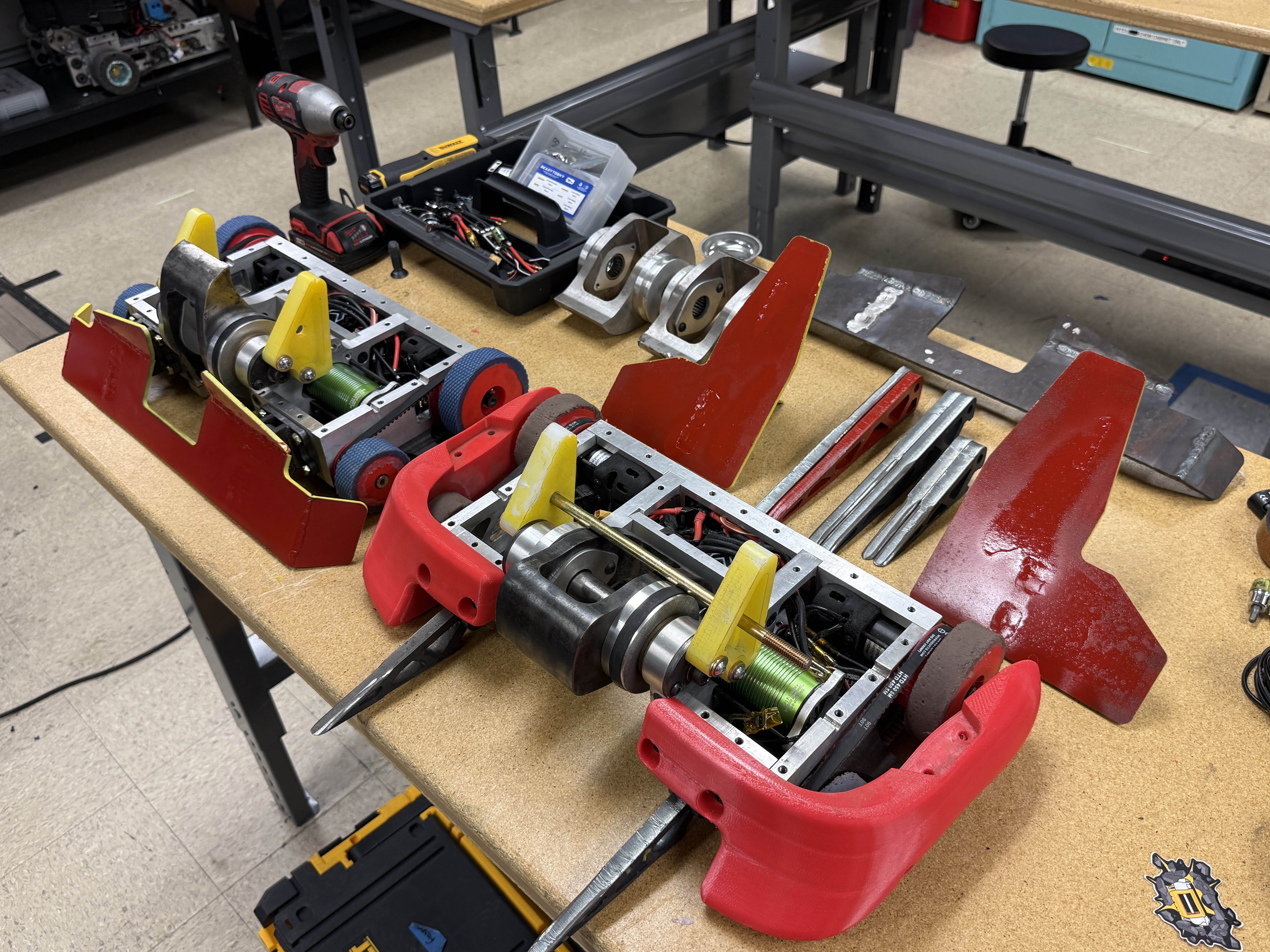 Preparing all of the armor configurations before the competition. The red plates are AR500 welded armor pieces for different types of robots.