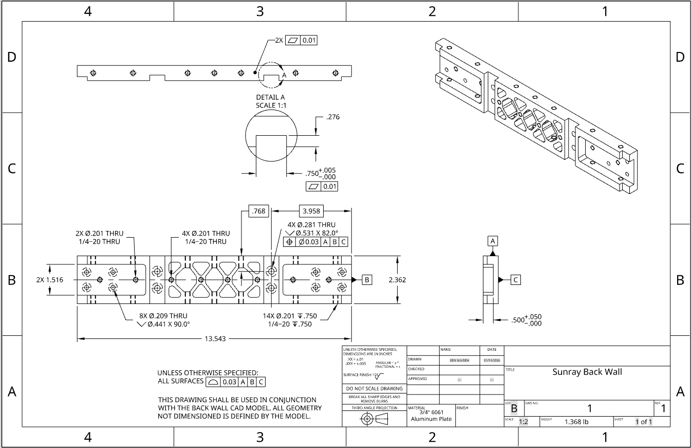 Back wall drawing with GD&T to control critical fits. Later, this engineering drawing was simplified to make manufacturing easier. We changed the geometry of the frame to loosen the tolerances required for the parts to fit.
