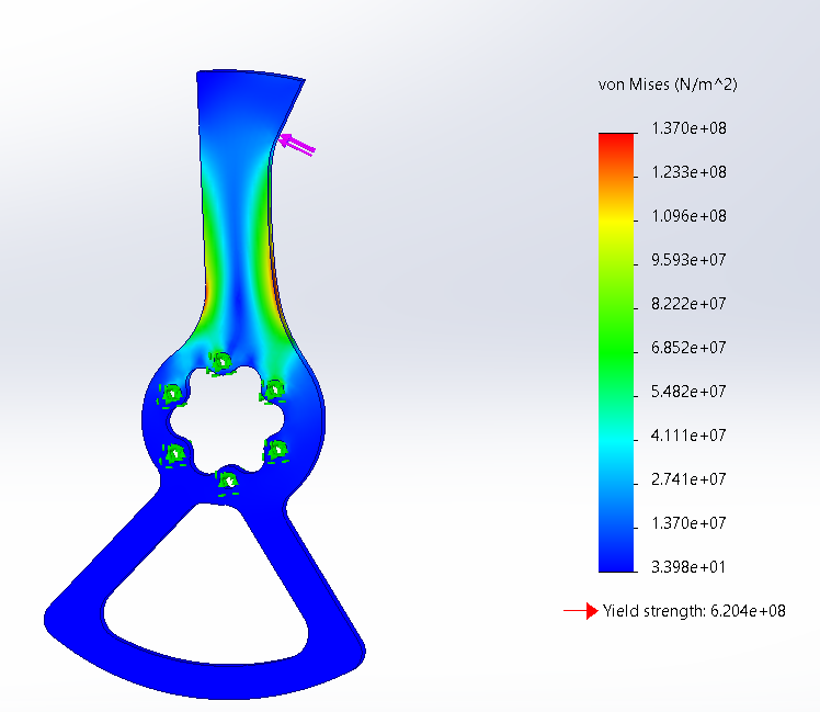 FEA of a new blade that was optimized for reach, while strengthening the base of the blade. We call this "The Finger"