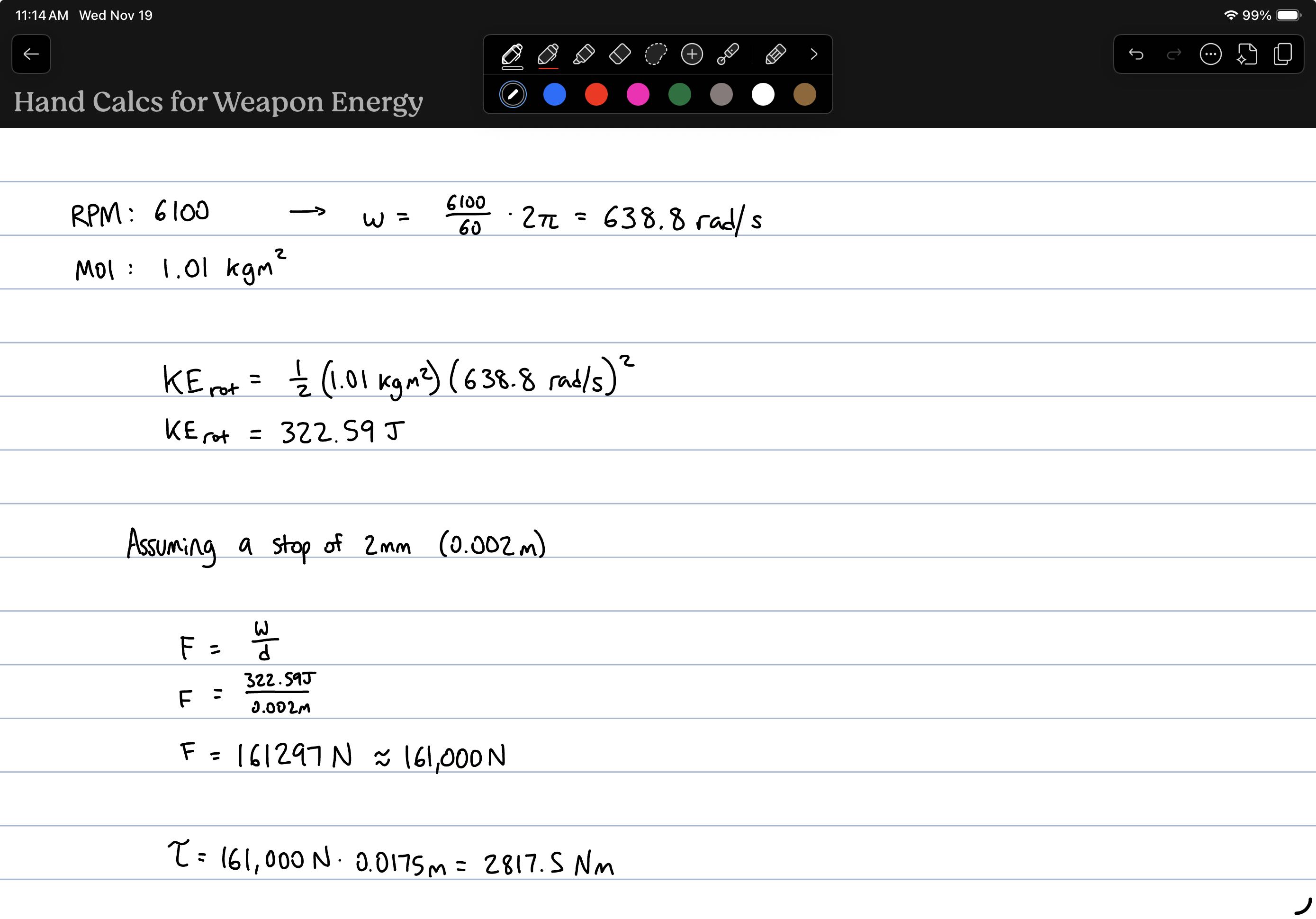 Hand calculations to estimate forces on the weapon blade. This could be improved by doing a dynamic simulation, but we did not have access to that software, nor did we think it was important enough to simulate. Testing the real life system would yield better results.