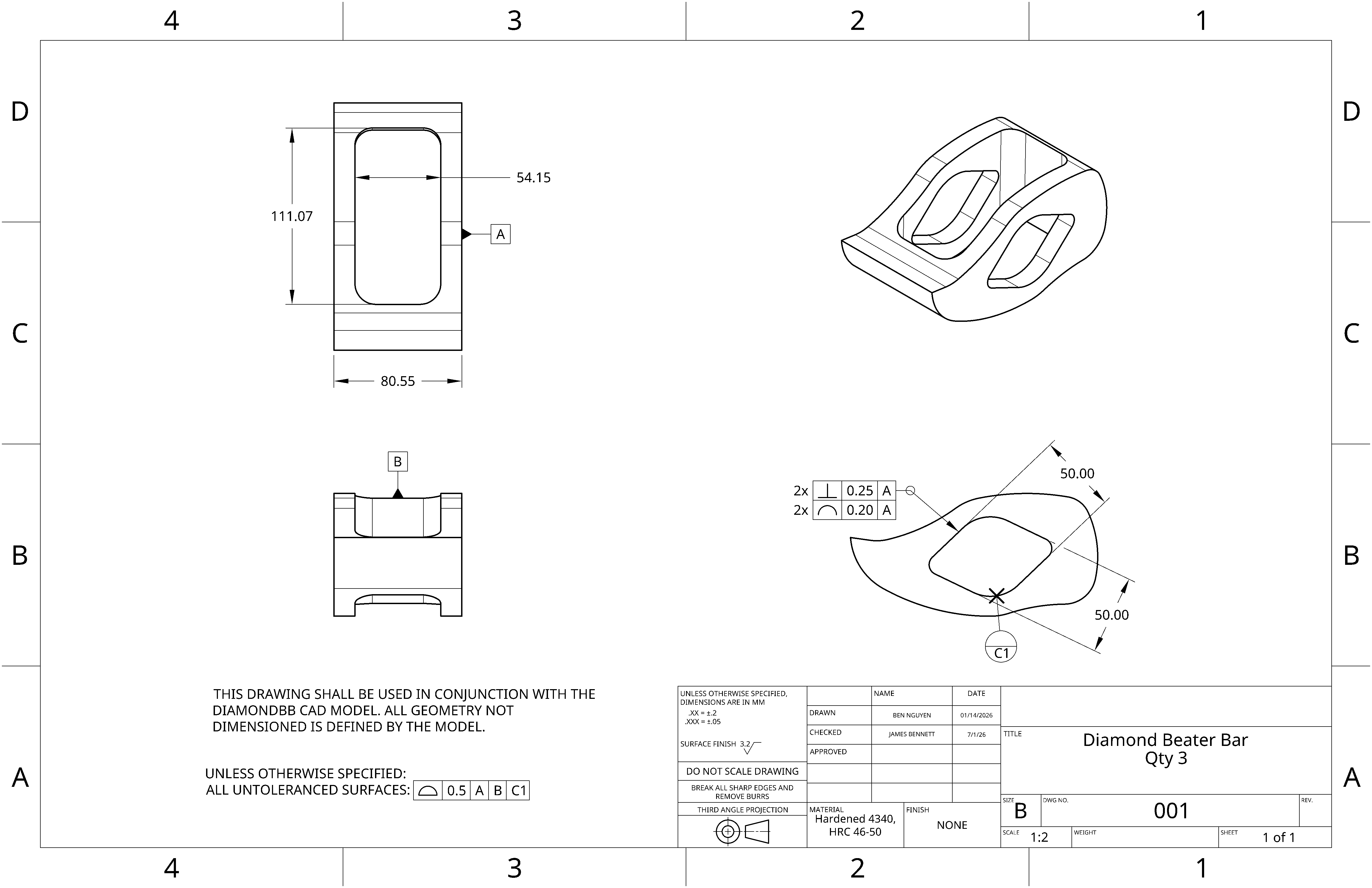 Steel beater bar drawing for 3rd-party supplier. This 4340 beater bar was intended have aluminum hubs press fit in.